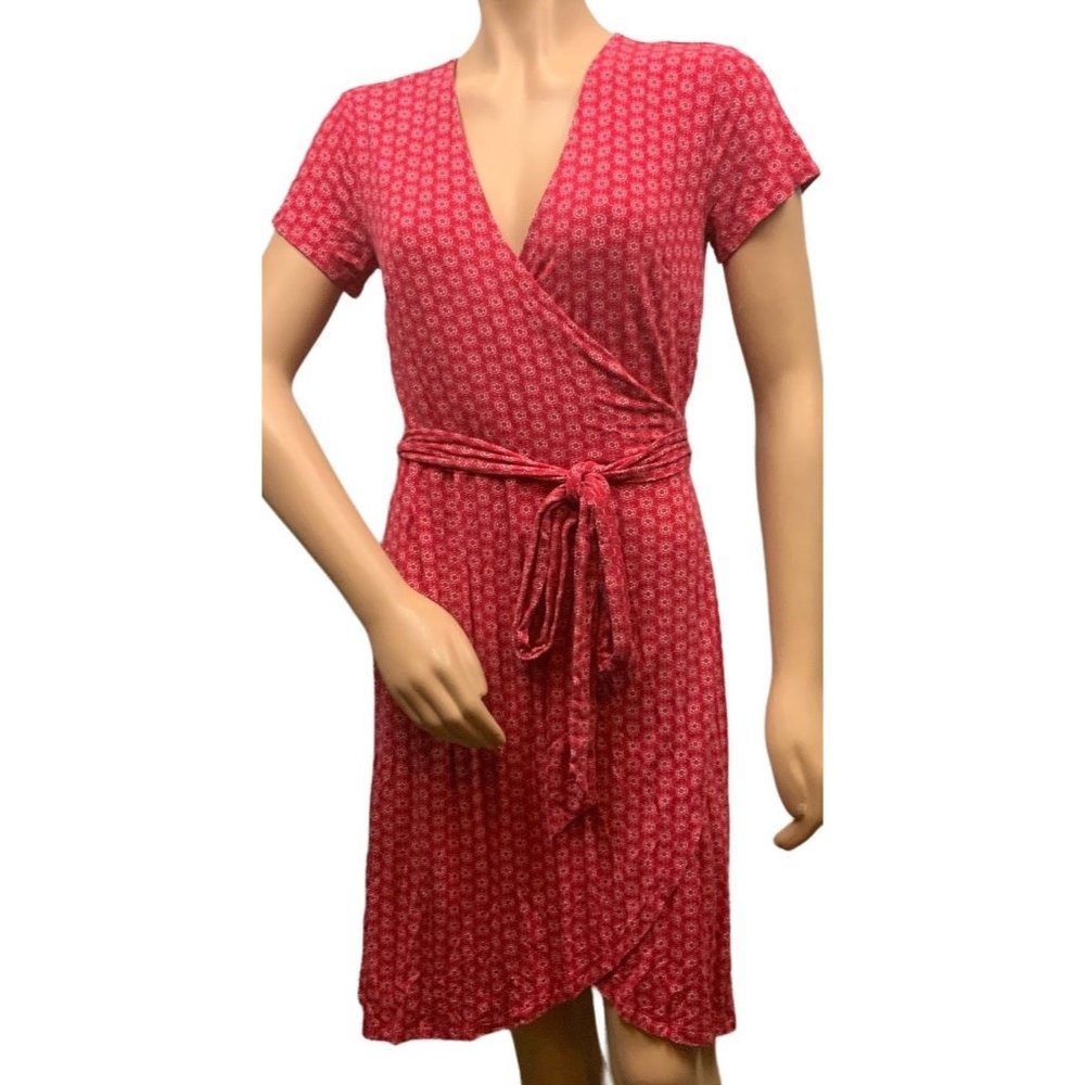 Loft Womens Wrap Dress Sz 4 Red Floral V Neck Short Sleeve Adjustable Waist Tie